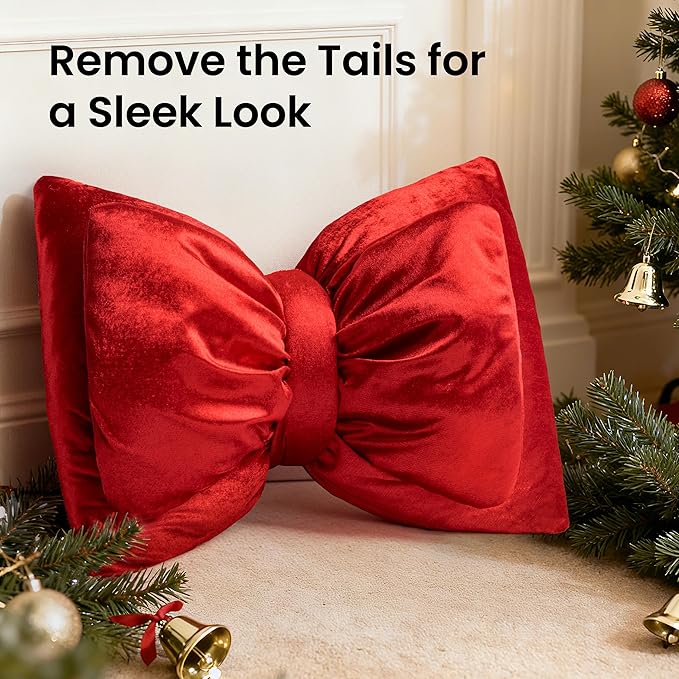 AELS Bow Pillow Decorative Throw Pillow, Shining Velvet Cute Pillow, 15.3"" & 13.7"" for Valentine's Day, Wedding, Christmas, Living Room, Bedroom, Nursery Decor, Red