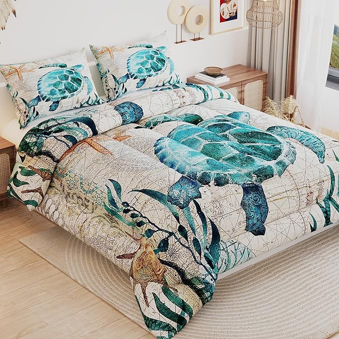 Sea Turtle Comforter Sets for Kids Adults,3D Ocean Pattern with Bright Colors,Decorative Bedding Comforter Sets with 2 Pillow Shams, Twin Size