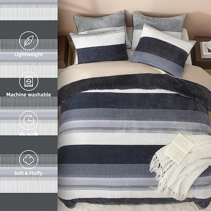 Litanika Fluffy Fleece Full Size Comforter Set, Luxury Soft Plush Fuzzy Dark Grey Stripe Bedding Comforter Sets, Warm Shaggy Faux Fur Bed Set All Season (1 Comforter, 2 Pillowcases)