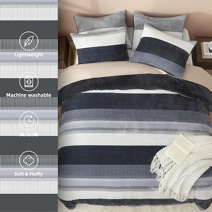 Litanika Fluffy Fleece King Size Comforter Set, Luxury Soft Plush Fuzzy Dark Grey Stripe Bedding Comforter Sets, Warm Shaggy Faux Fur Bed Set All Season (1 Comforter, 2 Pillowcases)