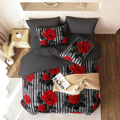 Dark Floral Comforter Set Full Size, Red Rose Soft Microfiber Bedding Set on Black Grey Stripe Background for Girls American Vintage Style Bedroom Decor, 3Pcs & 2 Pillowcases