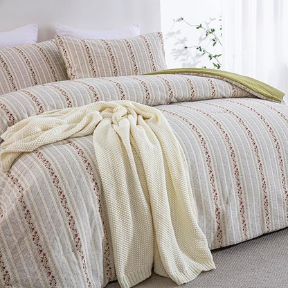100% Cotton Jacquard Comforter Set, Striped Floral Print, Soft Lightweight Reversible 3 Piece Bedding Sets for All Season, Queen(90"x90")