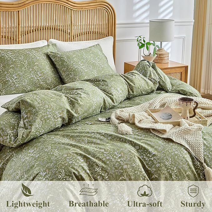 AMWAN King Size Comforter Set Olive Green 3 Pieces King Boho Floral Bedding Set, All Season King Bedding Sets with 1 Comforter and 2 Pillowcases, Soft Thick Aesthetic Comforter Sets