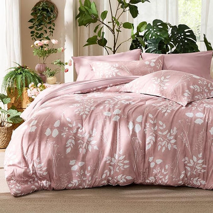 Bedsure Rose Pink King Comforter Set - 7 Pieces Floral Bedding Sets King Bed in a Bag with Reversible Botanical Flowers Comforter, Sheets, Pillowcases & Shams