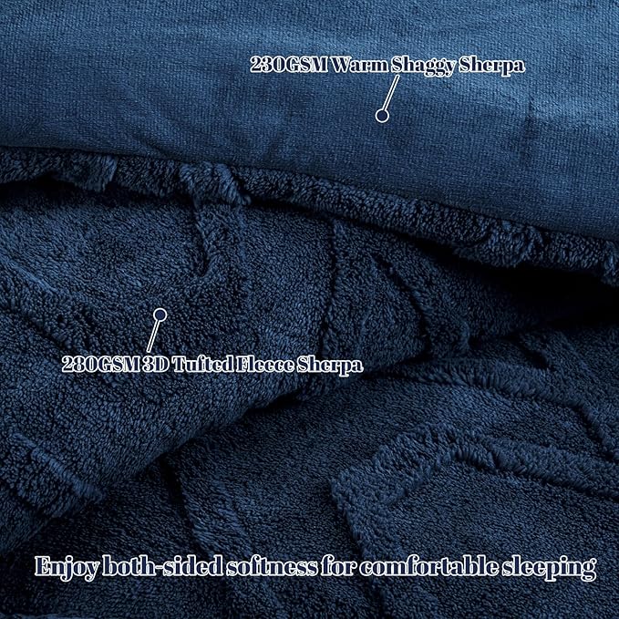 PHF Warm Sherpa Fleece King Comforter Set, 3D Tufted Fluffy Navy Blue Bedding for Winter, Soft 2 Pieces Shaggy Bed Set, 1 Comforter (104"x90") and 2 Pillowcases (20"x36")