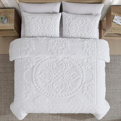Beatrice Home Fashions Medallion Tufted Chenille Comforter 3-Piece Set, Cotton, All Season Cozy Bedding, Queen, White