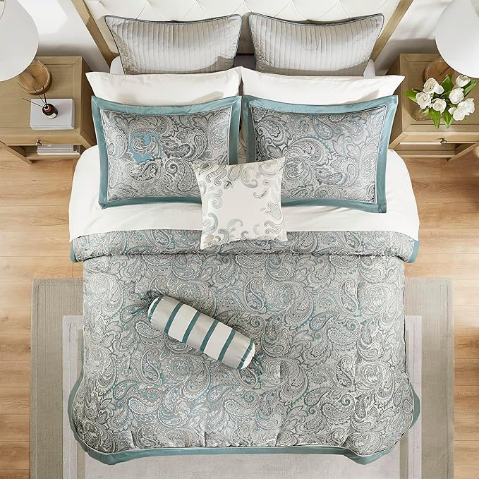 Madison Park Aubrey Cozy 12 Piece Comforter Set & Sheet, Luxe Faux Silk Jacquard Paisley Design - All Season Down Alternative Bedding with Cotton Bed Sheets, Bedskirt, Toss Pillows, King Teal