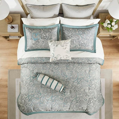 Madison Park Aubrey Cozy 12 Piece Comforter Set & Sheet, Luxe Faux Silk Jacquard Paisley Design - All Season Down Alternative Bedding with Cotton Bed Sheets, Bedskirt, Toss Pillows, King Teal
