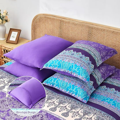 Boho Comforter Set King Size Purple - 7 Pieces Bohemian Floral Striped Comforter and Sheet Set, Lightweight Bed in a Bag Complete Bedding Sets King Size for All Season (Purple,King)