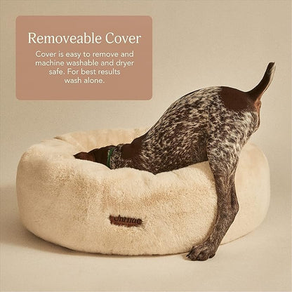 UnHide Floof Pet Bed - Large (35" x 12") - Extra Soft Dog Bed - Removable Faux Fur Cover - Machine Washable - Helps Ease Pet Anxiety & Provides The Perfect Sleep - Cowhide