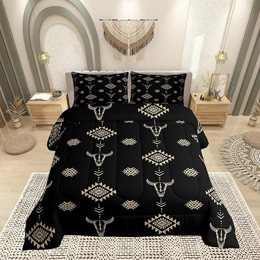 Castle Fairy Cow Skull Kids Comforter Set,Western Cowboy Black Gold Duvet Set for Room Decor,Aztec Bohemia Tribal Exotic Brushed Microfiber Soft Quilt Cover,Full Size 3 PCS