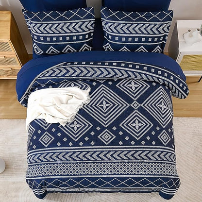 Yiran Navy Blue Comforter Set Queen Size, 7 Piece Boho Striped Bedding Set, Geometric Bed in a Bag Queen, Soft Microfiber Bohemian Complete Bedding Set with Sheets for All Season