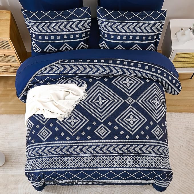 Yiran Navy Blue King Comforter Set, 7 Piece Boho Striped Bedding Set, Geometric Bed in a Bag King, Soft Microfiber Bohemian Complete Bedding Set with Sheets for All Season