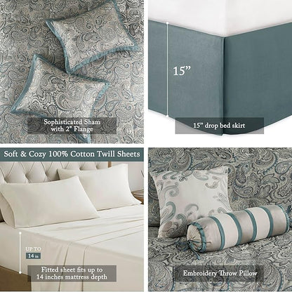 Madison Park Aubrey Cozy 12 Piece Comforter Set & Sheet, Luxe Faux Silk Jacquard Paisley Design - All Season Down Alternative Bedding with Cotton Bed Sheets, Bedskirt, Toss Pillows, Cal King Teal