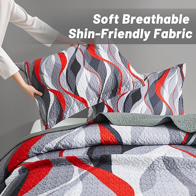 weesire Classic Line Pattern Bedding Quilt Twin Size Modern Grey Red and Black Stripe Quilt with Shams, Gray and Red Comforter Sets Lightweight Breathable Bedspreads Coverlet, 68''x86''