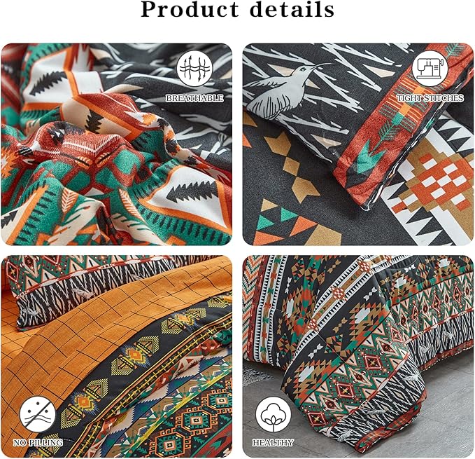 Flysheep Boho Bed in a Bag 7 Pieces King Size, Southwestern Bohemian Tribal Striped Printed, Reversible Bed Comforter Set (1 Comforter, 1 Flat Sheet, 1 Fitted Sheet, 2 Pillow Shams, 2 Pillowcases)