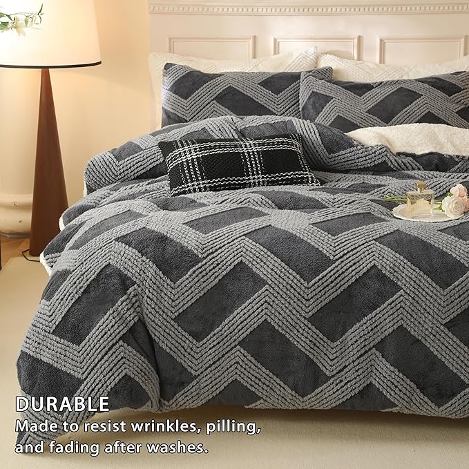 Tufted Boho Comforter Set Twin - Grey Fluffy Sherpa Bedding Set, Soft Fuzzy Jacquard Quilt Set, 2 Pieces Cozy Bed Set Warm Comforter for Winter(68"X90")