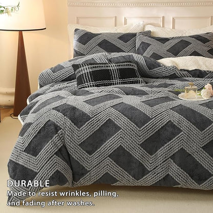 Tufted Boho Comforter Set Twin - Grey Fluffy Sherpa Bedding Set, Soft Fuzzy Jacquard Quilt Set, 2 Pieces Cozy Bed Set Warm Comforter for Winter(68"X90")