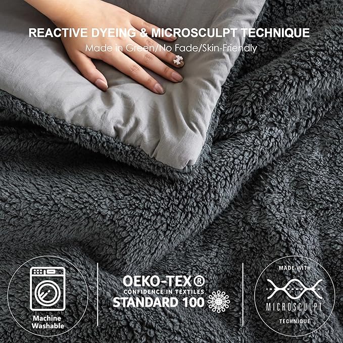 COTTEBED Warm Full Queen Comforter Set Reversible Sherpa Comforter and Pillow Shams, Soft Cozy Fluffy Washed Cotton Lightweight Bedding Down Comforter Queen Set Size for Bedroom Winter Christmas,Brown