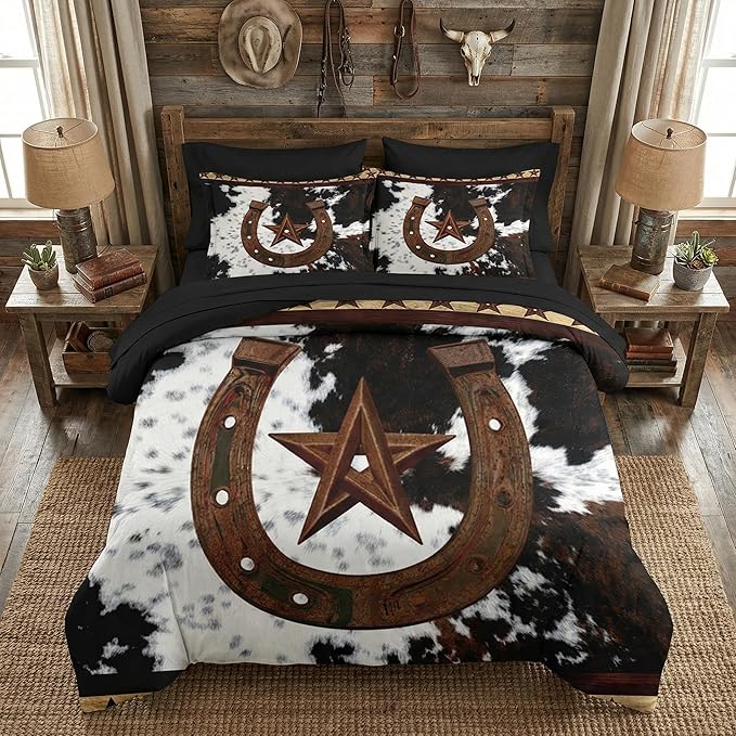 Nesker 5 Pcs Comforter Set Twin Size, Western Cowboy Texas Star Horseshoes Bedding Set for Kids and Adults, Cowhide Rustic Farmhouse Bed Sheet Sets with Fitted Sheet Pillowcases & Shams