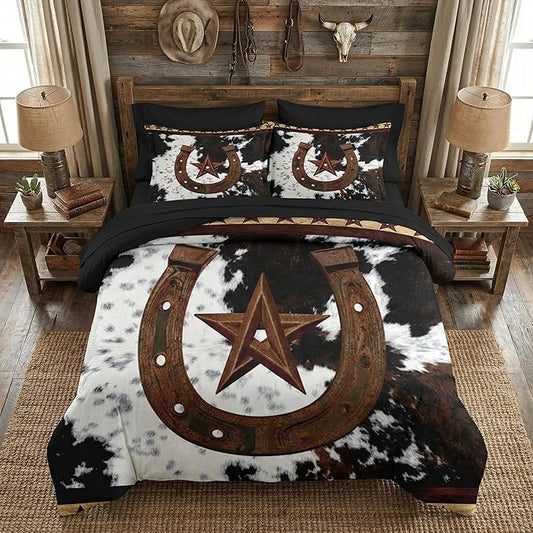 Nesker 5 Pcs Comforter Set Twin Size, Western Cowboy Texas Star Horseshoes Bedding Set for Kids and Adults, Cowhide Rustic Farmhouse Bed Sheet Sets with Fitted Sheet Pillowcases & Shams