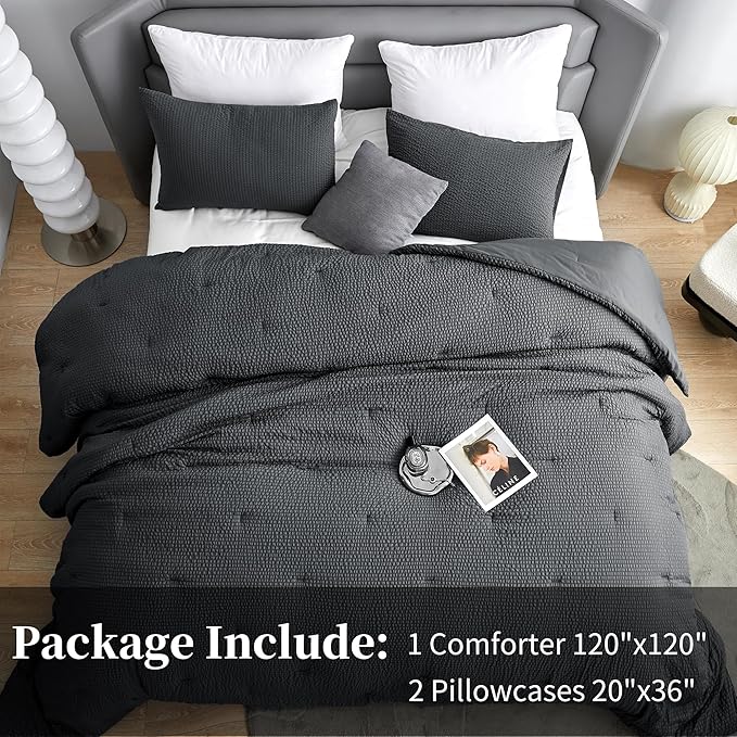 HOMBYS 3 Piece Seersucker Oversized King Comforter Set 120x120, Breathable Grey Soft Comforter Set, Lightweight Bedding Comforter Sets with Comforter for All Season