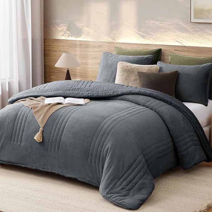 Monbix Fluffy Full Comforter Set Blue Grey, Sherpa Plush Fuzzy Comforter 3 Piece for Full Size Bed, Luxury Soft Winter Warm Bedding Set