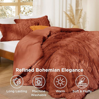 Bedsure Tufted Boho Comforter Set California King - Terracotta Boho Bed Set, GentleSoft™ 3 Pieces Farmhouse Shabby Chic Embroidery Bedding, Gifts for Woman, Soft Jacquard Comforter for All Seasons