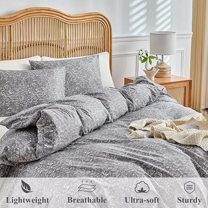Queen Comforter Set 3 Pieces Grey Floral Botanical Patterned Rustic Cottagecore 90"X90" Bedding Set for All Season Prewashed Soft Breathable Warm 1 Comforter and 2 Pillowcases Bed Sets