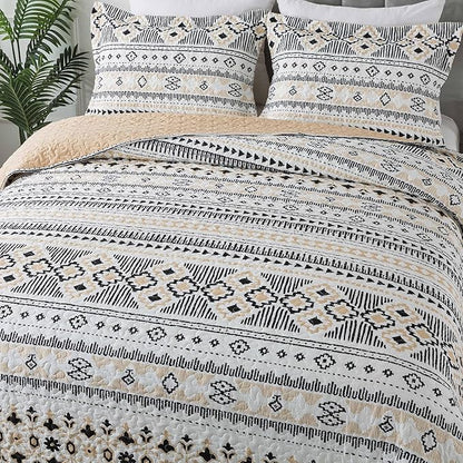 BEDIFANY Boho Quilt Bedding Set, 3 Pieces Stripe Queen Bedspread Lightweight Boho Queen Quilt, All-Season Bed Spread Coverlet Set for Bed Decoration
