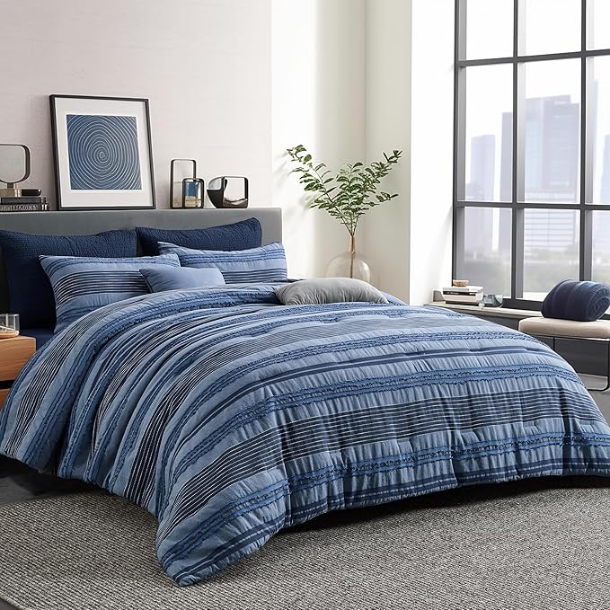 Wonderful Denim Blue Comforter Set King Size, Yarn Dyed Farmhouse Striped Cotton Lightweight Boho Comforter with Pillow Shams, Fluffy Bedding Set for All Season