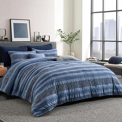 Wonderful Denim Blue Comforter Set Queen Size, Yarn Dyed Farmhouse Striped Cotton Lightweight Boho Comforter with Pillow Shams, Fluffy Bedding Set for All Season