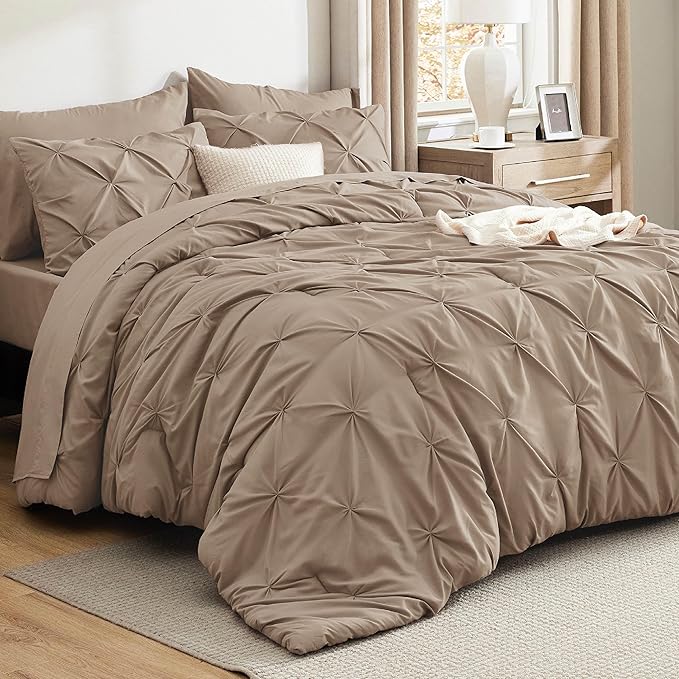 Bedsure Twin Comforter Set Khaki - Bed in a Bag Twin Size Bedding 5 Pieces, GentleSoft™ Pintuck Bed Set Gift for Family, Pinch Pleat Khaki Comforter with Sheets, Pillowcase & Sham