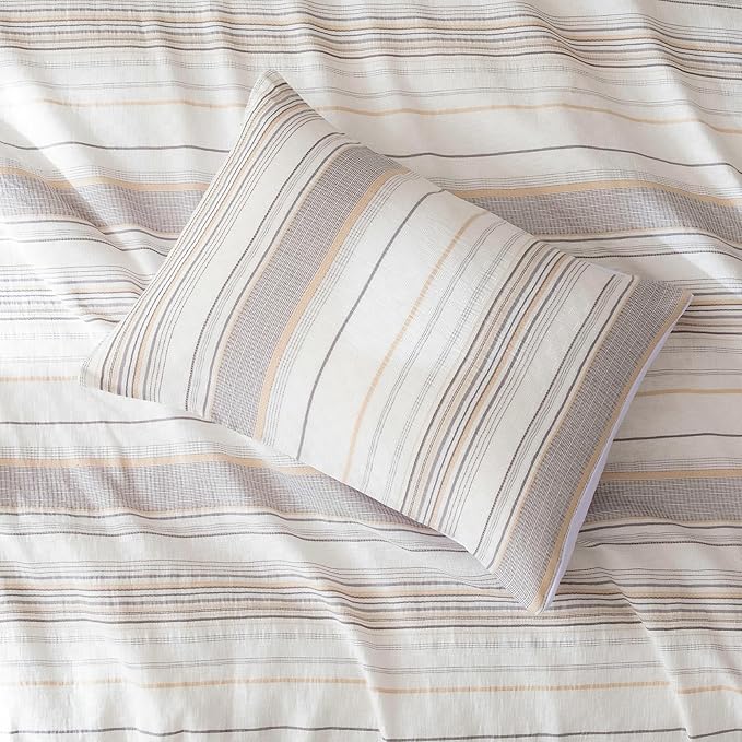 Amazon Basics Comforter Set, 2-Piece Jacquard Microfiber Comforter and Pillow Sham, All-Season Bedding, Twin, Beige Striped