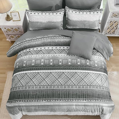 WONGS BEDDING 8 Piece Queen Size Comforter Set, Texture Striped Bed in a Bag Grey Comforter and Sheet Set, Boho Lightweight Microfiber Bedding Set for All Season (90"×90")