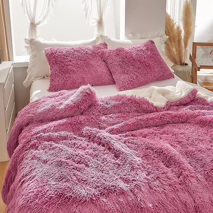 Purple Pink Faux Fur Comforter Set Queen 3 Pieces - 1 Shaggy Comforter 88*88 with 2 Pillowcases - Ultra Soft and Easy Care Luxury Plush Warm Winter fluffy Fleece Duvet Set for Cold Winter