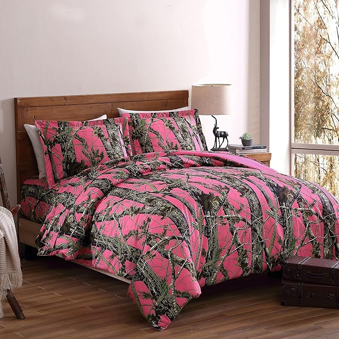 Chezmoi Collection Salem 3-Piece Cabin Lodge Forest Woods Comforter Set - Nature Camo Tree Leaves Printed Soft Microfiber Bedding - Pink, Full