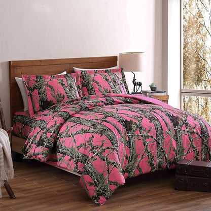 Chezmoi Collection Salem 2-Piece Cabin Lodge Forest Woods Comforter Set - Nature Camo Tree Leaves Printed Soft Microfiber Bedding - Pink, Twin