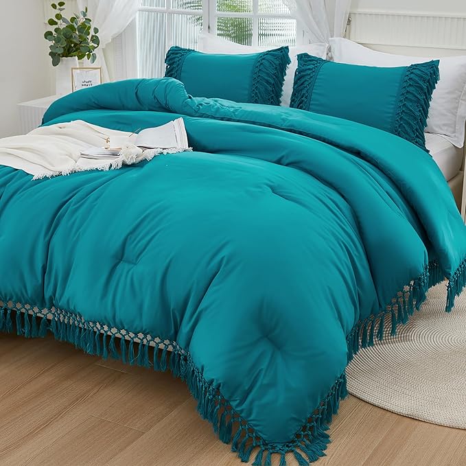 Andency Turquoise Full Size Comforter Set, 3 Pieces Boho Tassel Lightweight Soft Bedding Comforter Sets, All Season Fluffy Fringe Bed Set (79x90In Comforter & 2 Pillowcases)