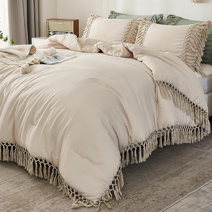 Andency Beige Comforter Set California King, 3 Pieces Boho Tassel Lightweight Soft Bedding Comforter Sets for King Bed, All Season Fluffy Fringe Bed Set (104x96In Comforter & 2 Pillowcases)
