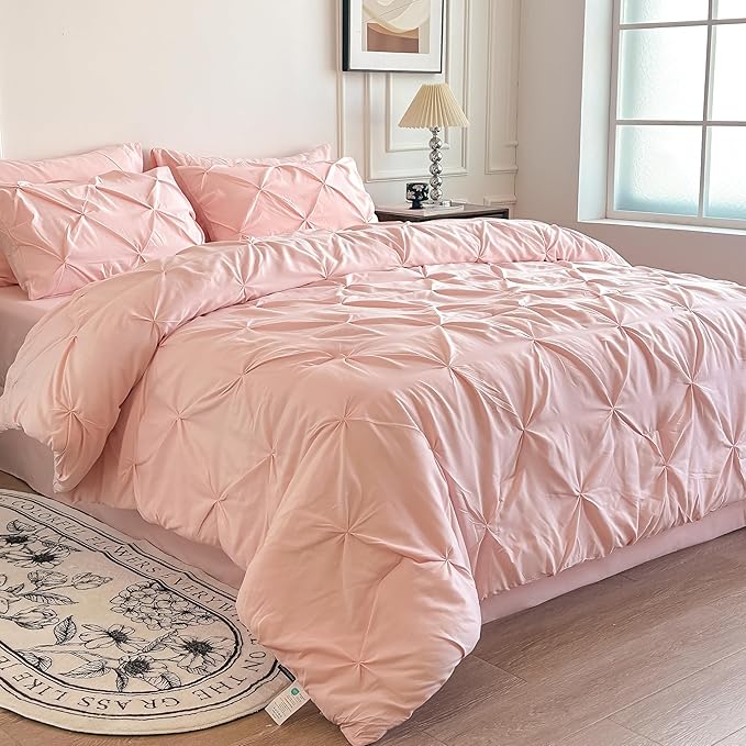 Maple&Stone Pink Comforter Set Queen, 7 Pieces Bed in a Bag Queen, Pintuck Bedding Sets with Comforter, Sheets, Pillowcases & Shams - Pink