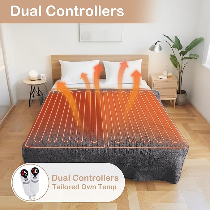 Electric Heated Blanket Queen Size 84"×90" Dual Control, 9 Heating Settings & 1-10Hs Auto Off, Overheat Protect, Double-Sided Sherpa, for Sofa & Bed, Machine Washable Dark Gray