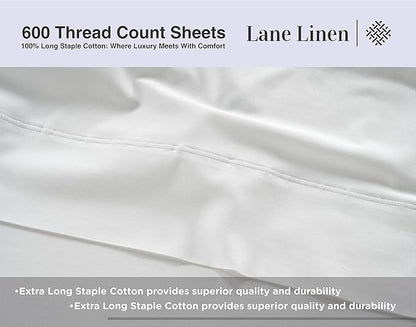 LANE LINEN 600 Thread Count 100% Mercerized Cotton White Twin Sheet Set - Soft & Cmofy Hotel Like Thick Cotton Bedding Sheets & Pillowcases, Sateen Weave Silky Finish Luxury White Bed Sheets Set