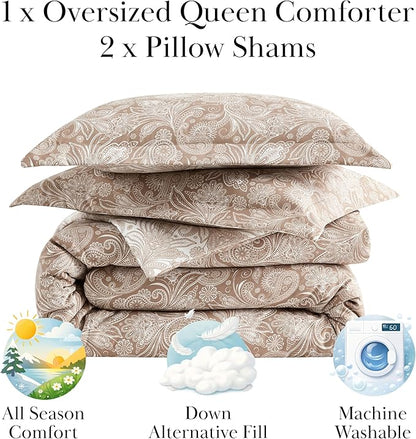 Southshore Fine Living, Inc. Full/Queen Size Comforter Set, Down Alternative Paisley Bedspread, Reversible Print is 2 Colors in 1, Queen/Full Comforter & Matching Shams, Taupe/White
