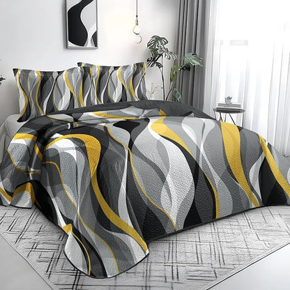 weesire Classic Line Pattern Bedding Quilt King Size Modern Grey Yellow and White Stripe Quilt with 2 Shams, Gray and Yellow Comforter Sets Lightweight Breathable Bedspreads Coverlet, 96''x106''