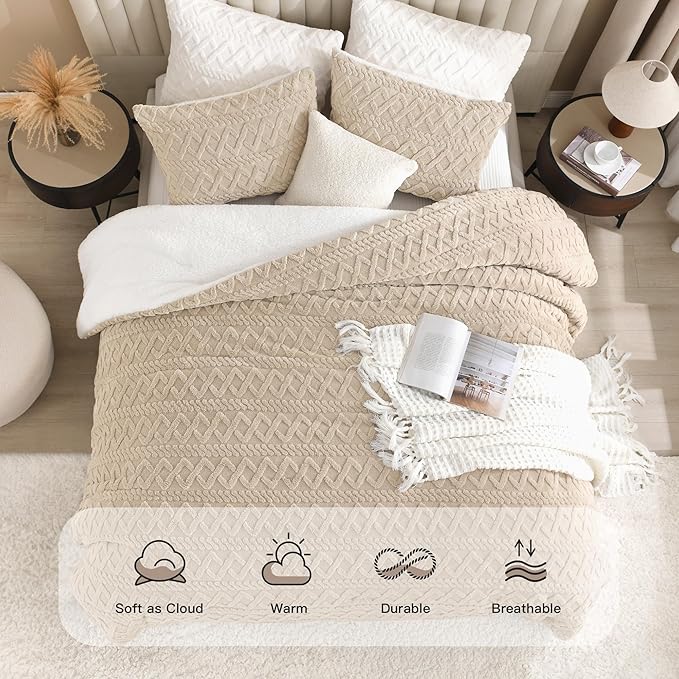 Andency Fluffy Sherpa Queen Comforter Set, Super Soft Beige Fleece Warm Bedding for Winter, Luxury Jacquard Boho Thick Fuzzy Plush Bed Set 3 Pieces(1 Shaggy Comforter, 2 Pillowcases)