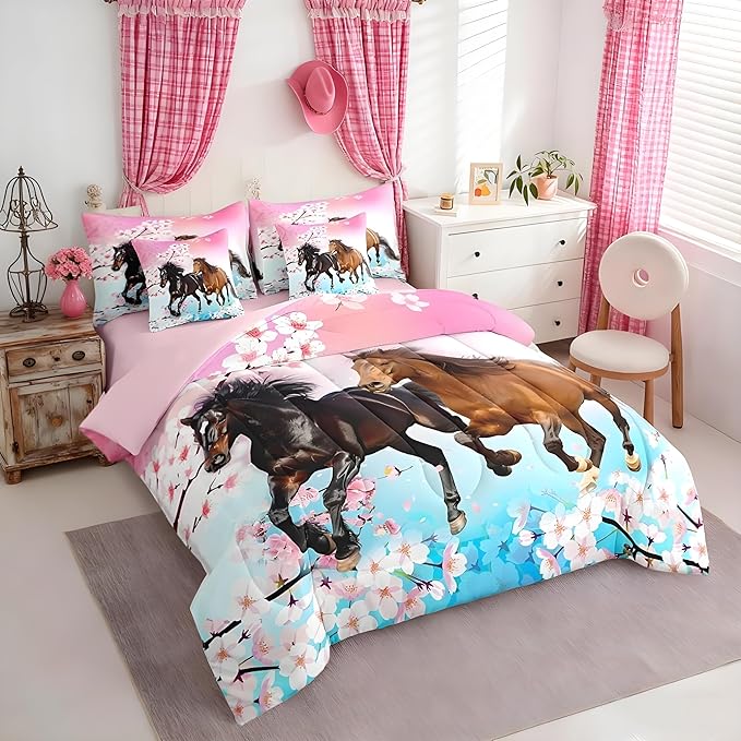 Feelyou Girls Horse Comforter Set Full Size 7 Pcs West Horses Comforter Bed in a Bag Pink Cherry Blossom Bedding Set for Women Teens Farmhouse Western Bed Set with Sheets, Pillowcases, Pillow Covers