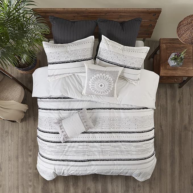 INK+IVY Luxurious Cotton-Bedding Set - Mid Century Trendy Geometric Design, All Season Cozy-Cover With Matching-Shams, Full/Queen, Nea Trims Black/Multi