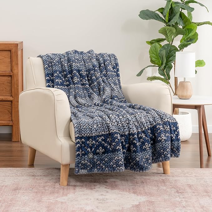 Berkshire Blanket Heated Throw Blanket, Grace Fur to Loftmink Reversible Electric Throw with 4 Heat Levels, Fast Heating Printed Throw for Couch and Bed, Auto Shut-Off Feature (50"x60")