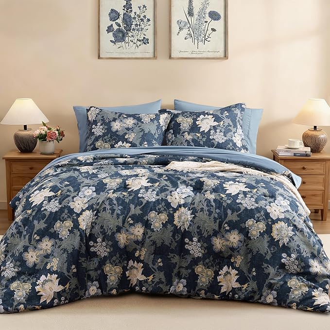 King Comforter Set -7 Pieces Floral Antique Blue Comforter Set for All Seasons, Bed in a Bag King with Botanical Flowers Comforter, Sheets, Pillowcases & Shams